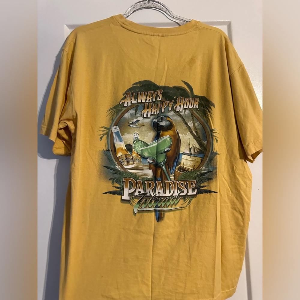 Vintage yellow paradise happy hour short sleeve shirt
